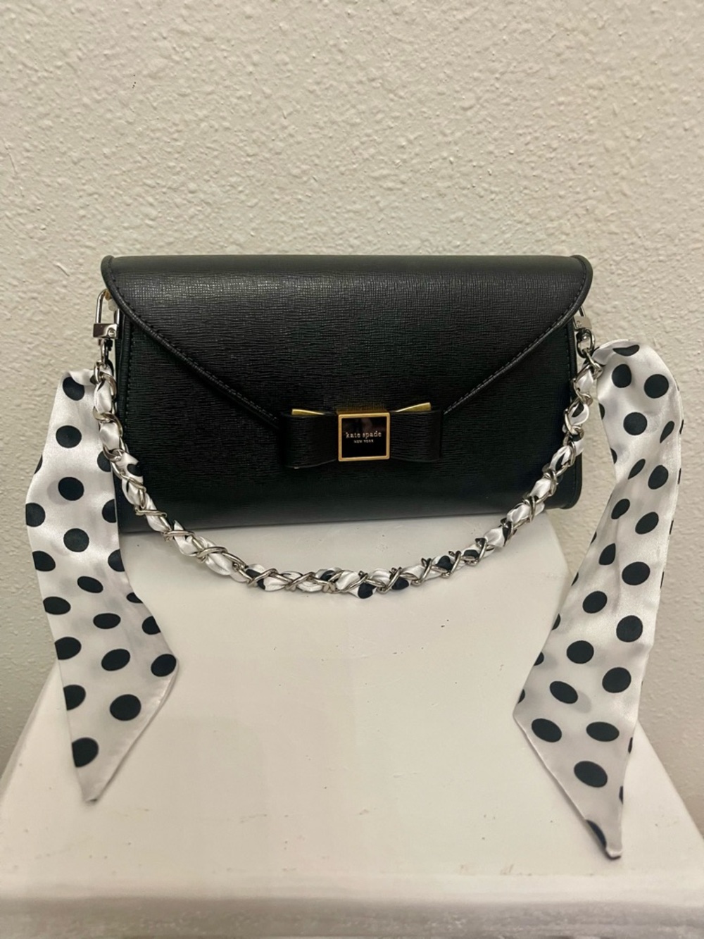Bag Charm: Polka Dot Scarf Chain Bag Strap - White with Black Dots